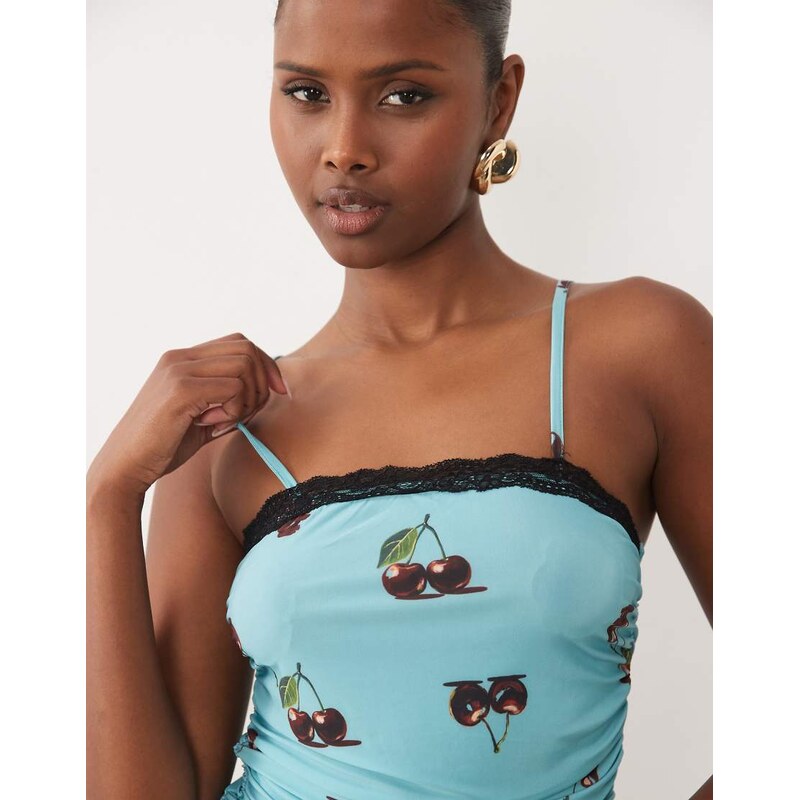 ASOS DESIGN lace trim cami with ruched waist in cherry print