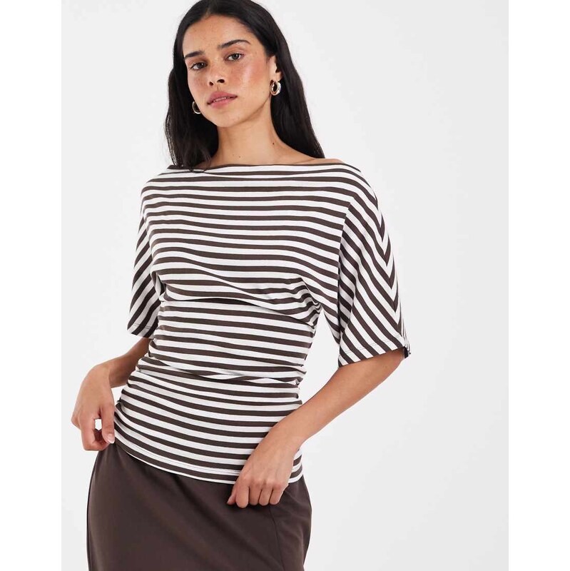 Noisy May off shoulder cinch top in brown stripe
