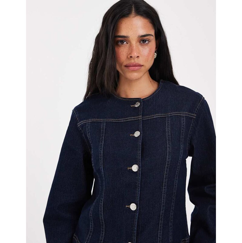 ONLY o-neck fitted denim jacket in dark blue