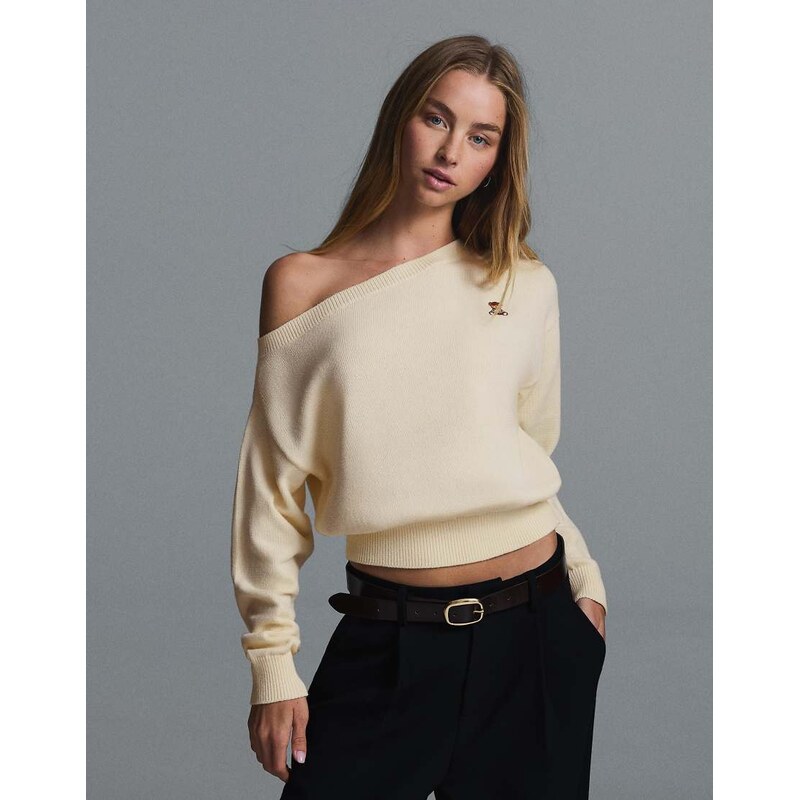 Bershka Embroidered boat neck jumper in ecru-White