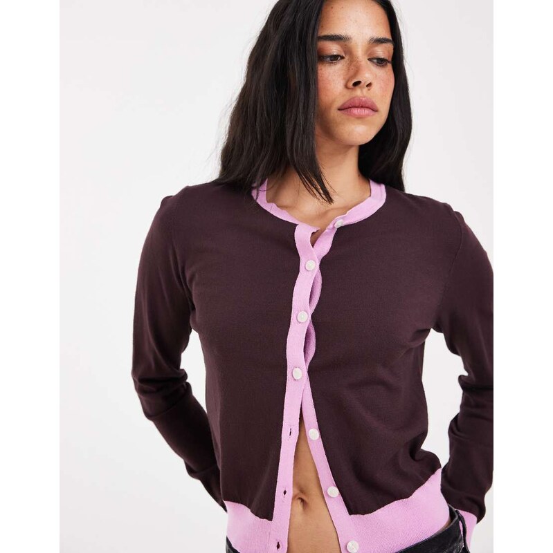 ONLY contrast trim cardigan in brown