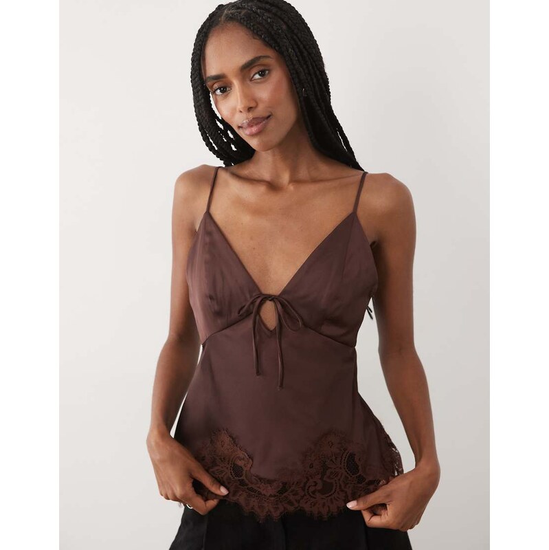 Abercrombie & Fitch tie front lace trim satin cami in brown