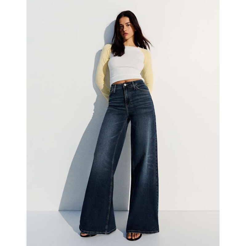 Bershka High-waist wide-leg jeans in denim blue