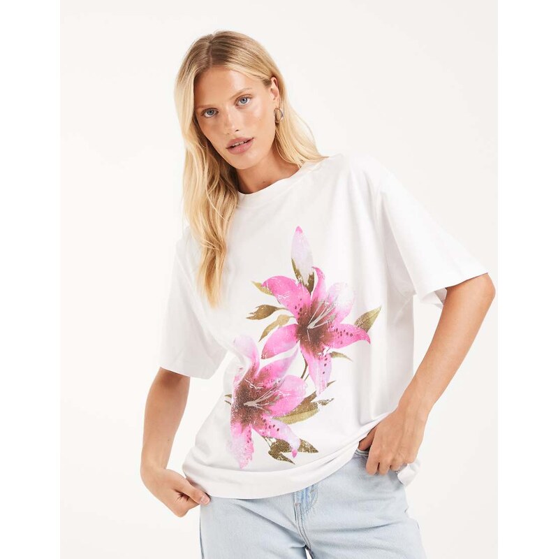 ASOS DESIGN Oversized T-shirt with pink flower graphic in white