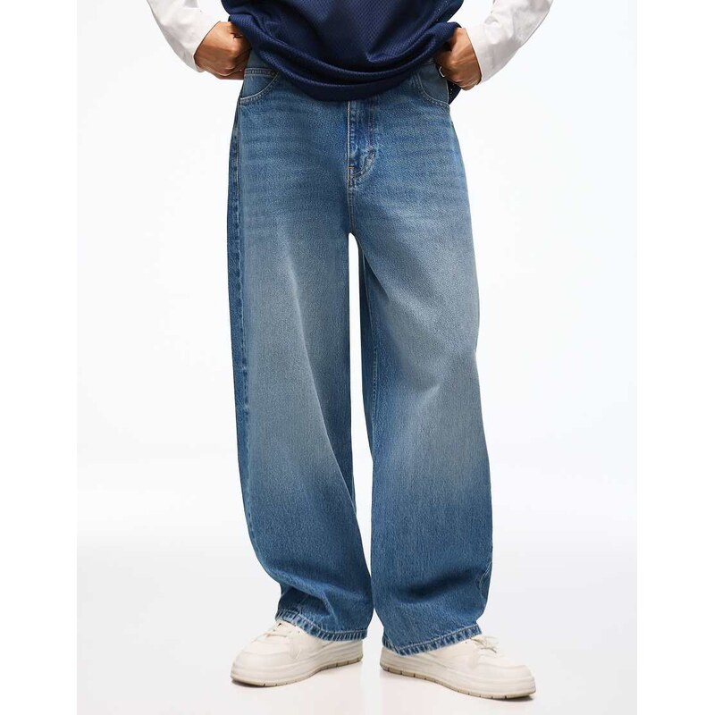 Bershka Embroidered neobarrel jeans in mid blue