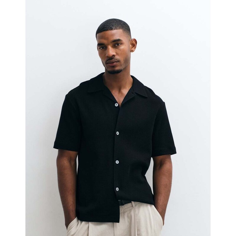 ARKET waffle jersey short sleeve shirt in black-Neutral