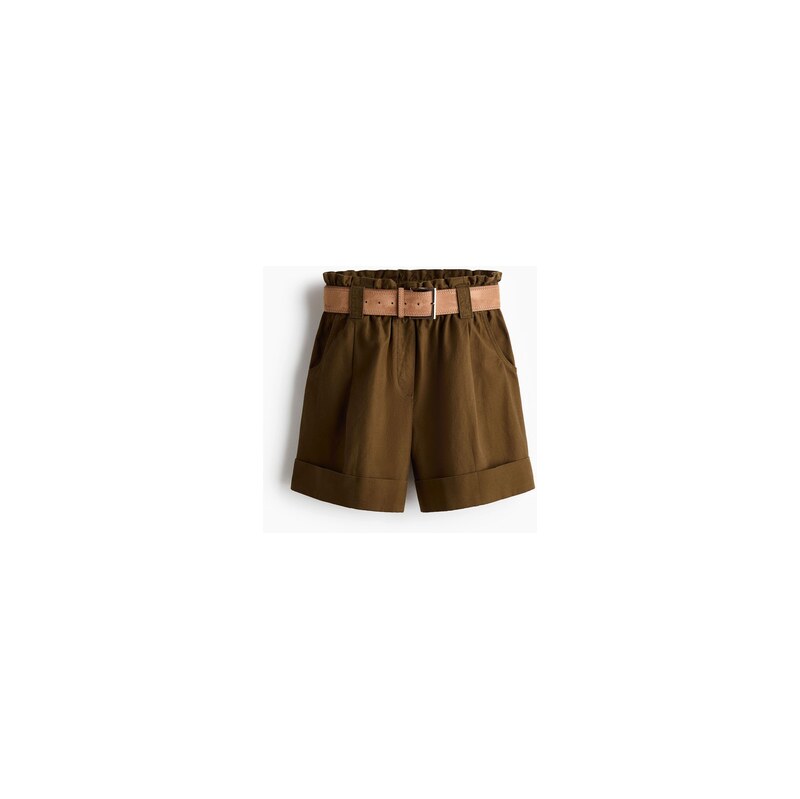 H&M - Šortky paper bag z lněné směsi - Tmavě Zelená Khaki