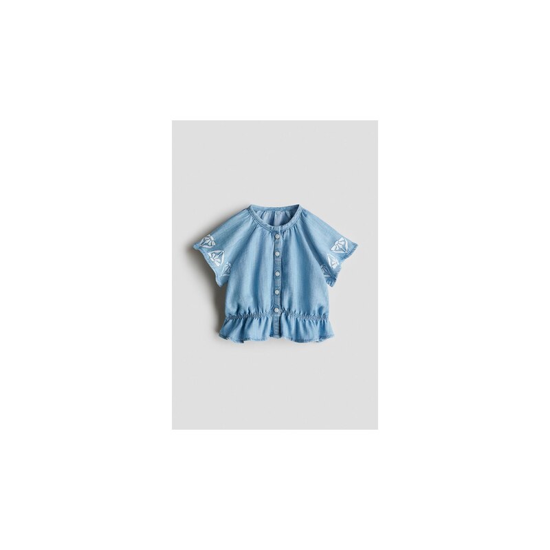 H&M - Džínová halenkas výšivkami - Modré/Bílé Květy