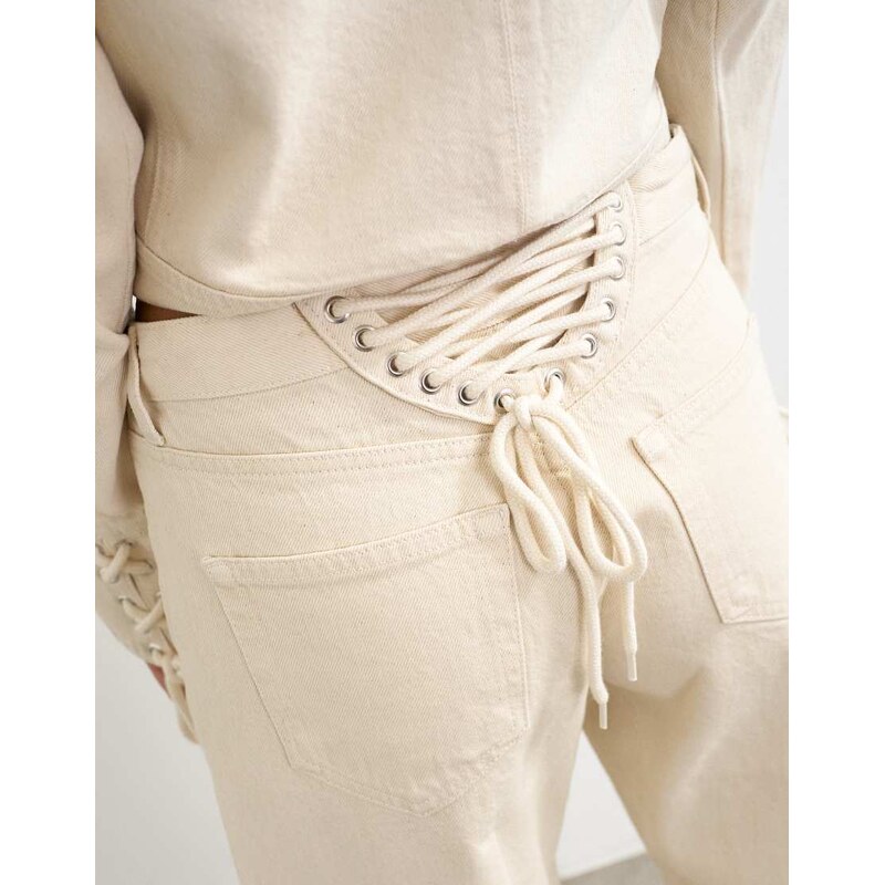 Topshop mid rise straight leg jean with lace up detail in oat-No