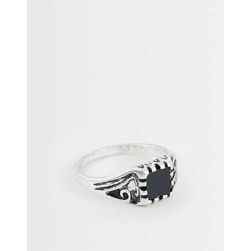 ASOS DESIGN black stone groove detail ring in burnished silver