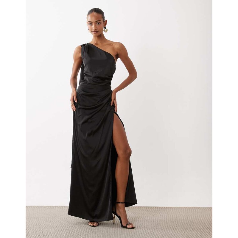 TFNC satin one shoulder drape back split detail maxi dress in