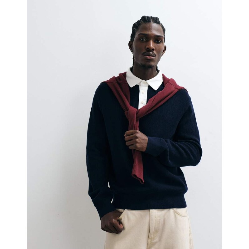 Gant collar cotton merino rugger longsleeve sweatshirt in black