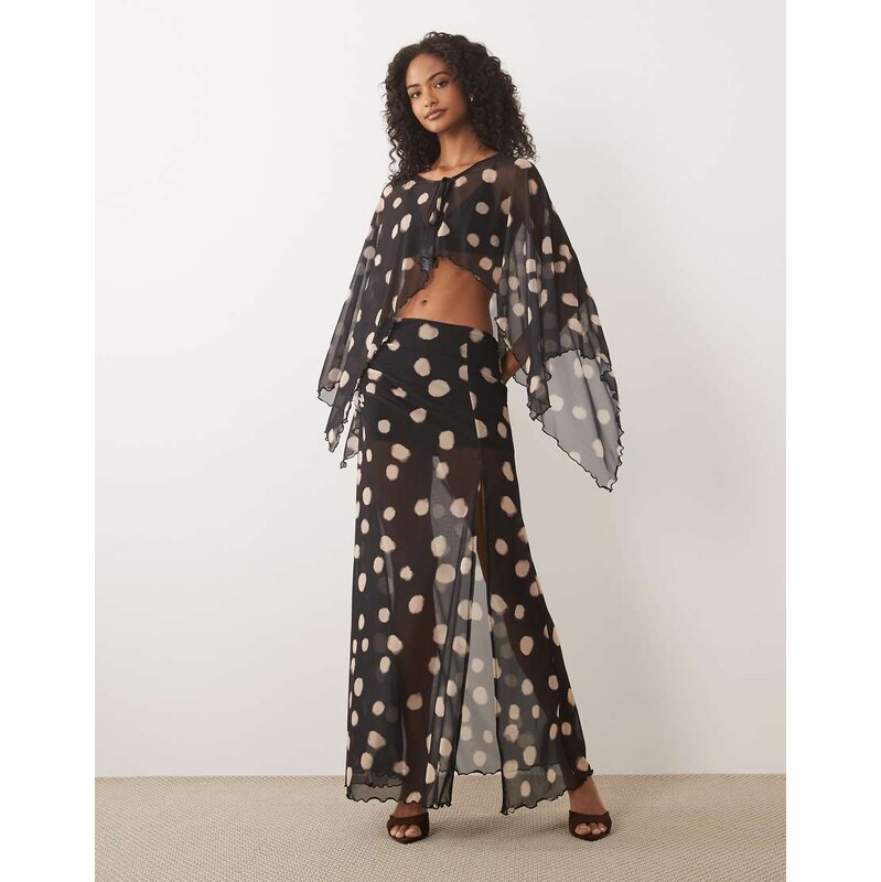 ASOS DESIGN co-ord printed mesh maxi skirt in blurred mono polka