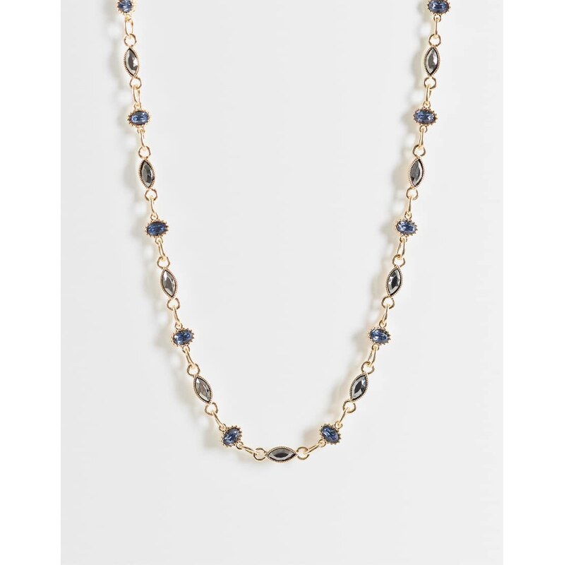 ASOS DESIGN stationed blue and charcoal crystal necklace in gold