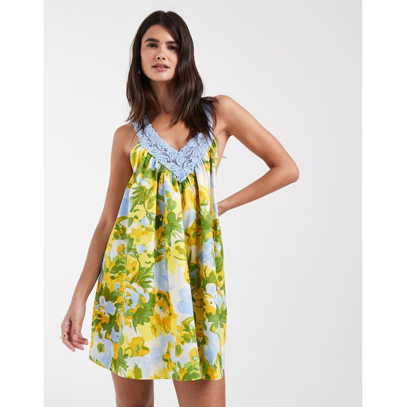 ASOS DESIGN v neck smock poplin mini sundress with lace overlay