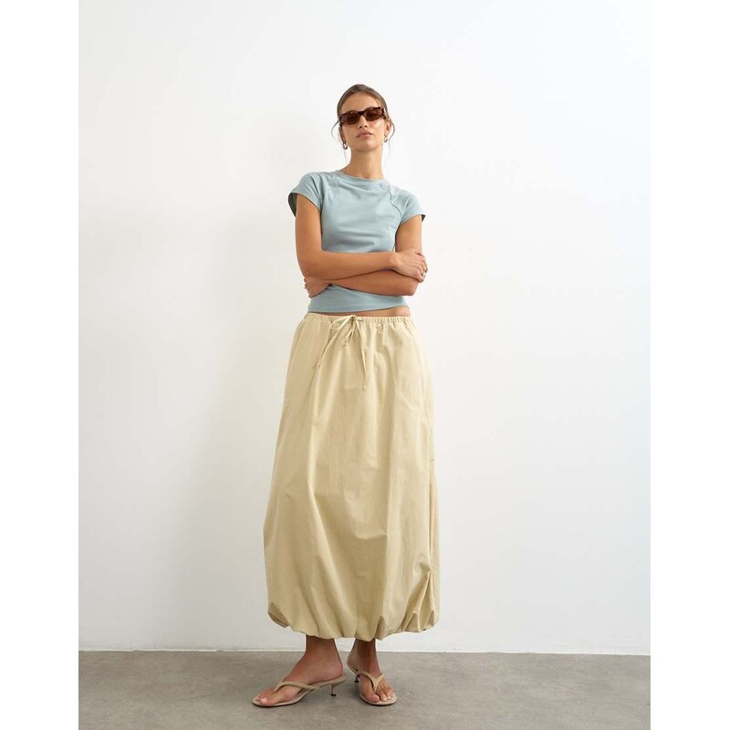 Topshop poplin bubble hem maxi skirt in stone-Neutral