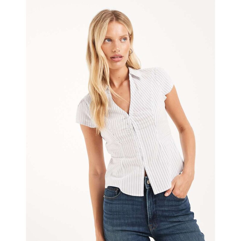 Hollister cinched wiast short sleeve shirt in white stripe