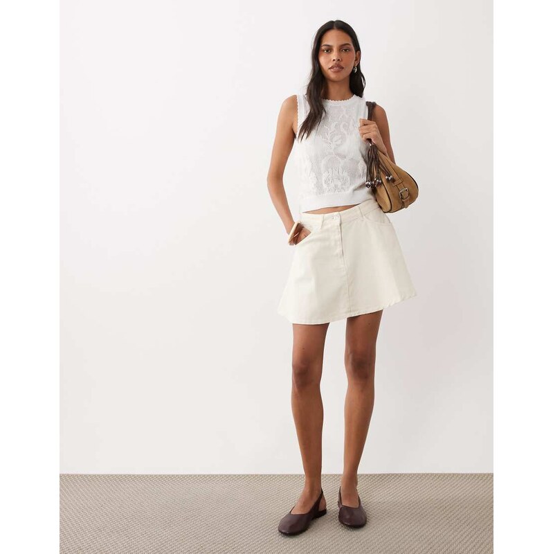 ASOS DESIGN circle denim skirt in ecru-White