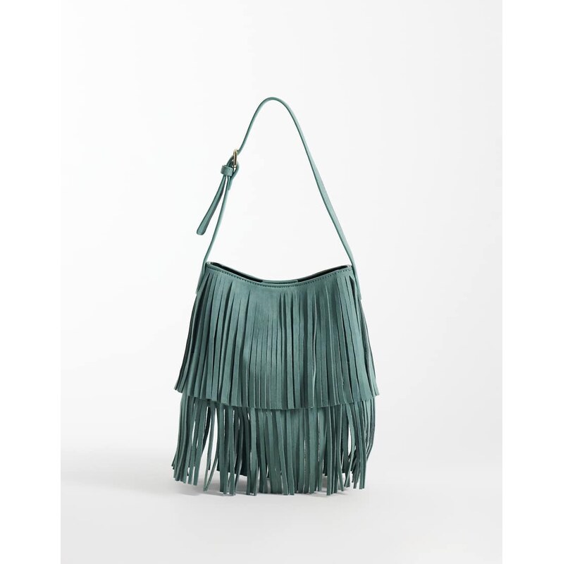 ASOS DESIGN fringe faux suede shoulder in mint green