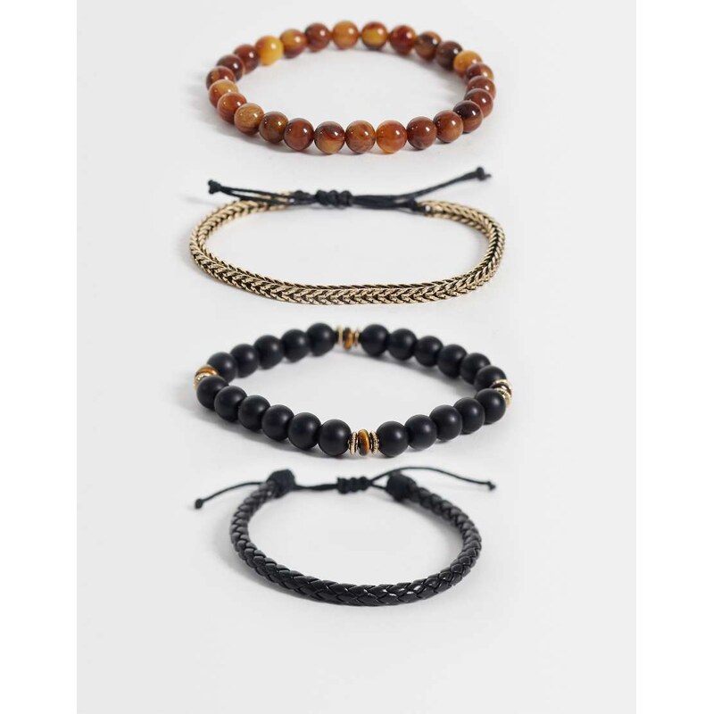ASOS DESIGN 4 pack faux tigers eye beaded chain and braided faux