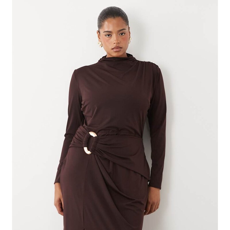 TFNC Plus slinky high neck long sleeve high split trim detail