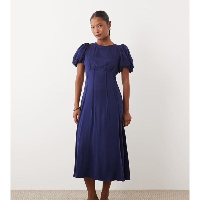 Nobodys Child Petite Quinn satin puff sleeve midi tea dress in
