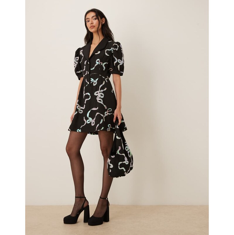 Sister Jane Ripple puff sleeve bow embellished mini dress in