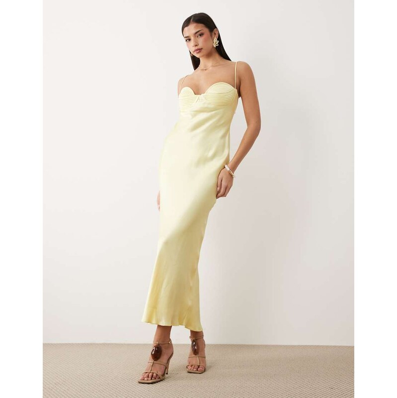 Bardot Devi satin cup detail open back cami maxi dress in lemon