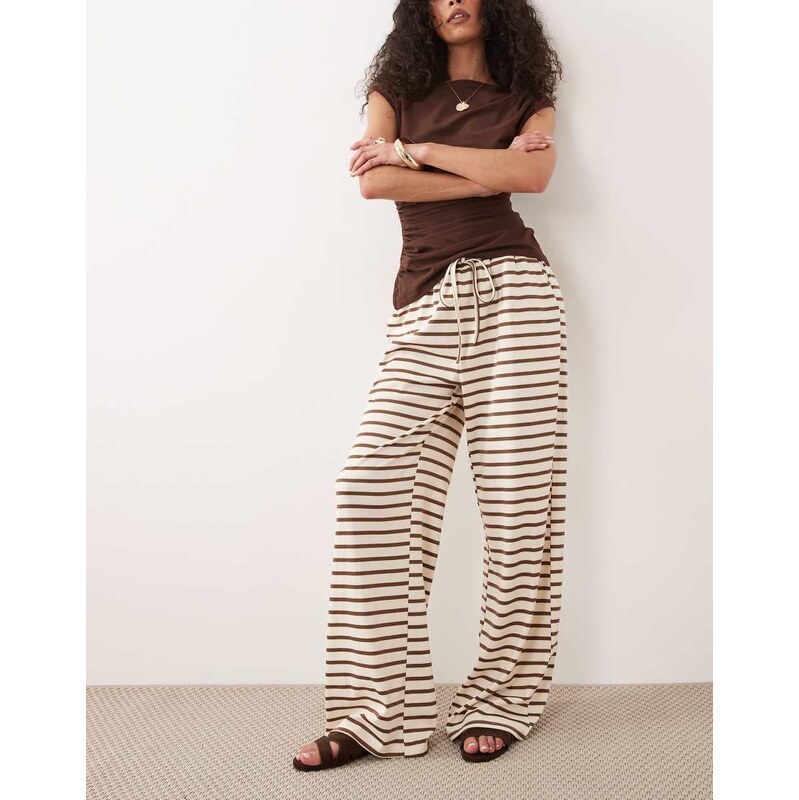 Threadbare co-ord pull on wide leg trousers in ecru and brown