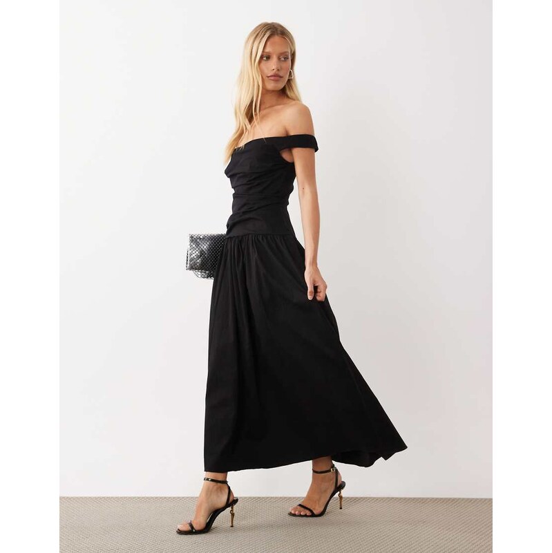 ASOS DESIGN ruched bodice bardot structured maxi dress with full