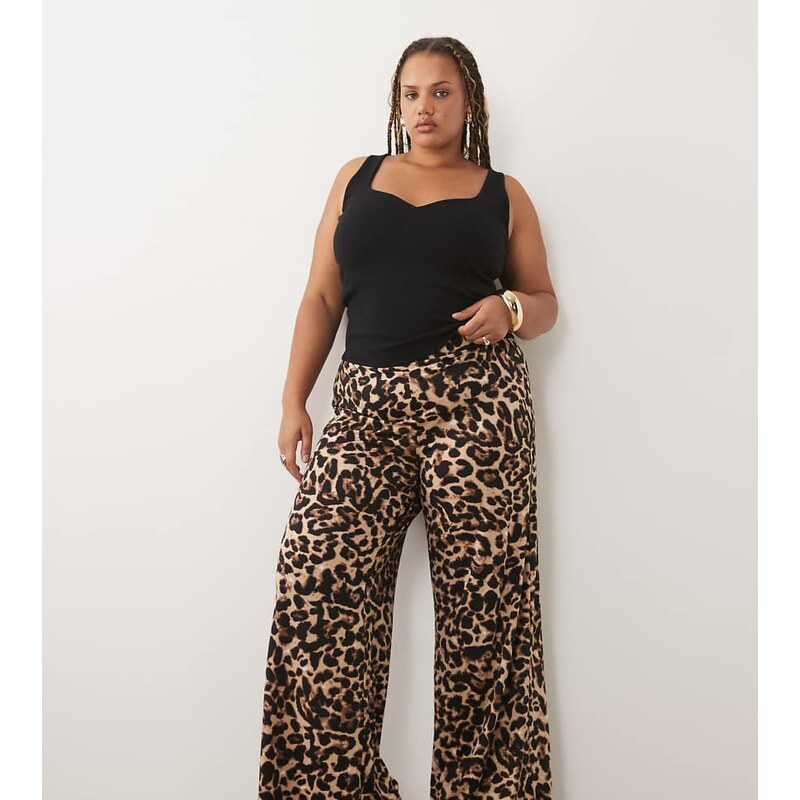 Vila Curve pull on wide leg trousers in leopard print-Neutral