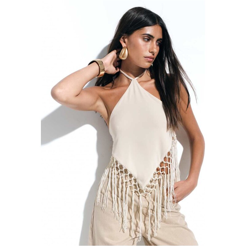 ASOS DESIGN fringe detail hanky hem halter neck top in cream