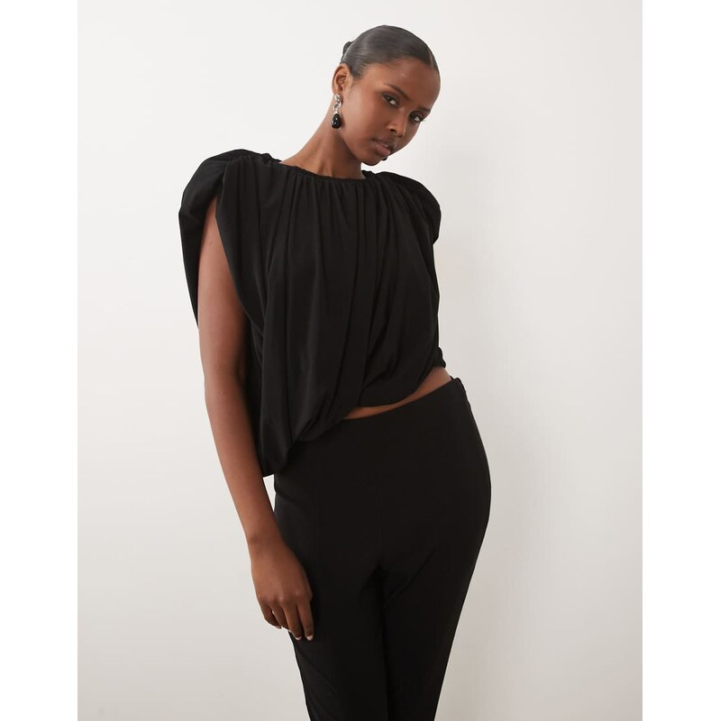 ASOS DESIGN gathered padded asymmetric drape front top in black