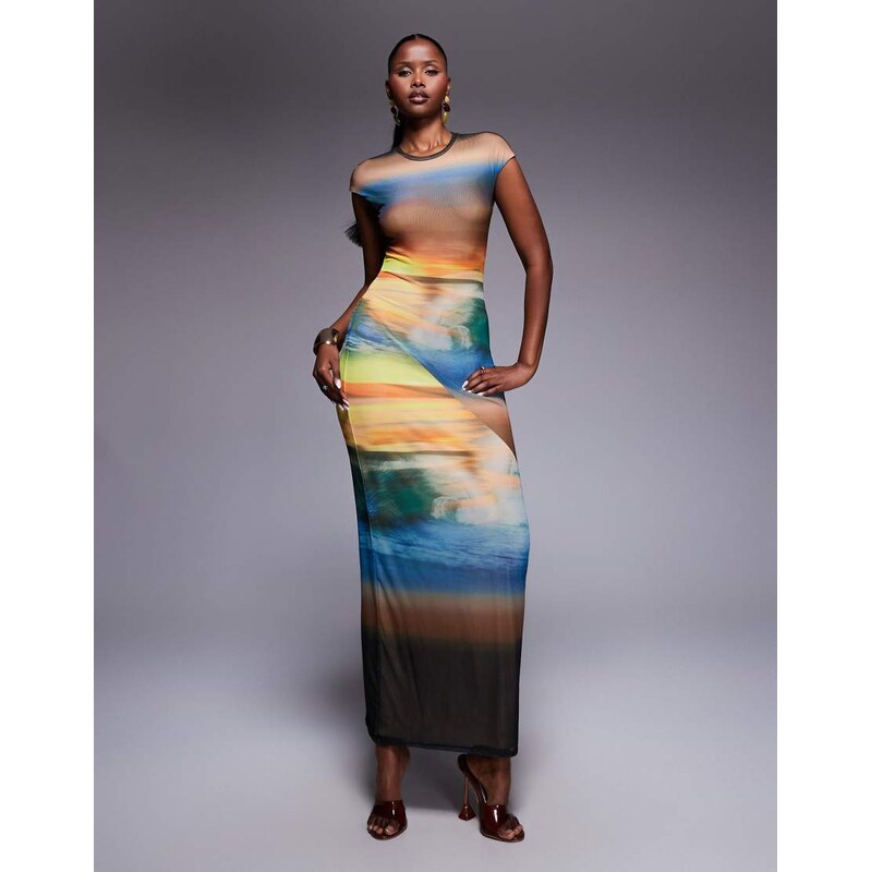 AFRM power mesh cap sleeve midaxi dress in ocean ombre print