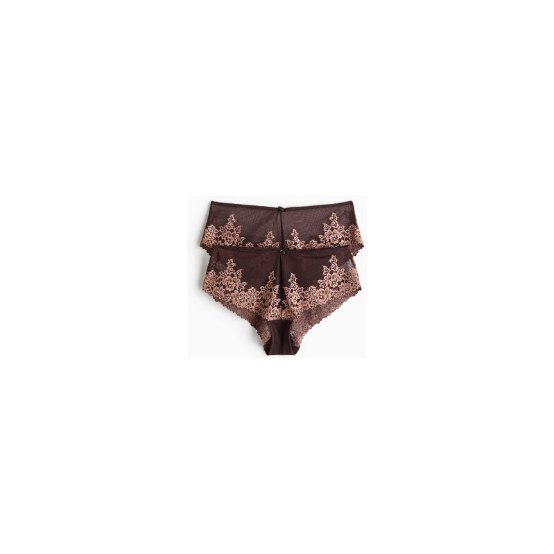 H&M - Krajkové kalhotky hipster 2 kusy - Tmavě Hnědá/Starorůžová