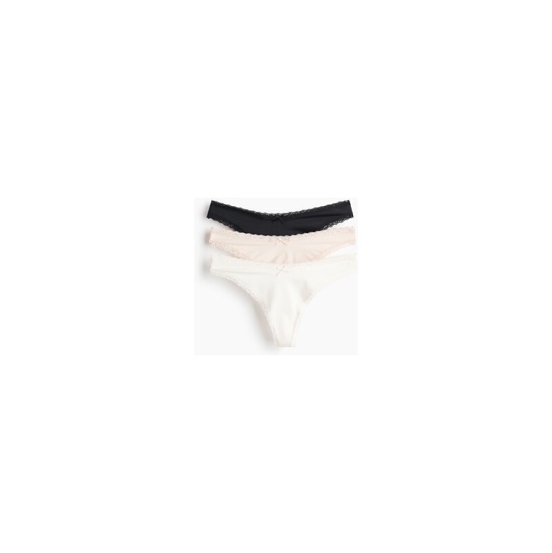 H&M - Kalhotky thongs krajkovými lemy 3 kusy - Černá/Pudrově