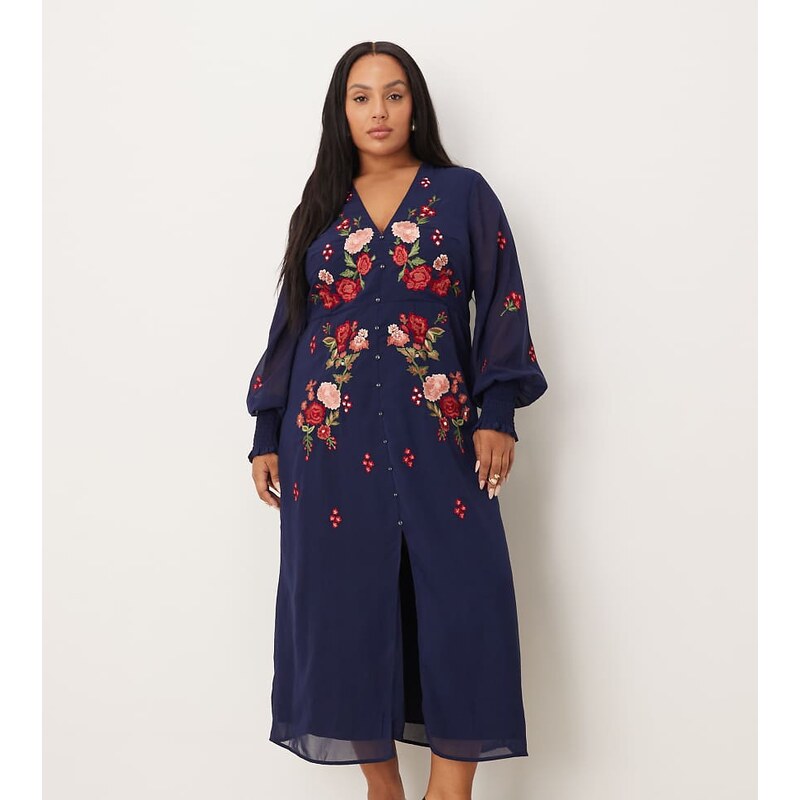 Hope & Ivy Plus chiffon v neck button front floral embroidered