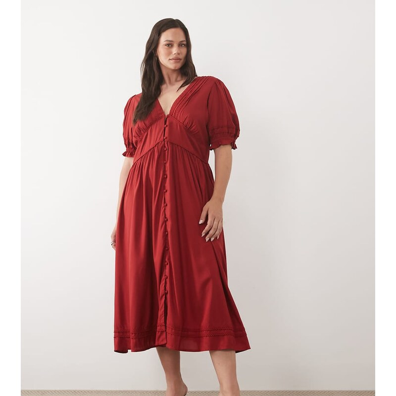 Nobodys Child Plus button front v neck puff sleeve midi dress in