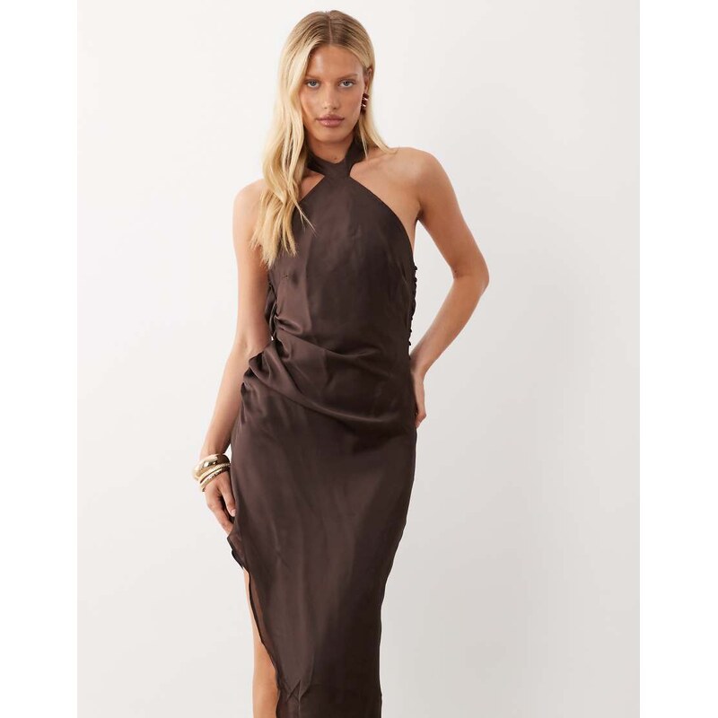 ASOS DESIGN scarf detail asymmetric satin midaxi dress in dark