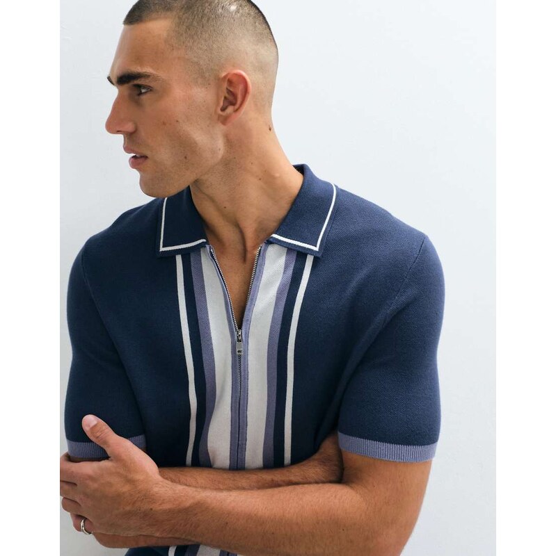 Belier panelled zip through knitted polo in navy