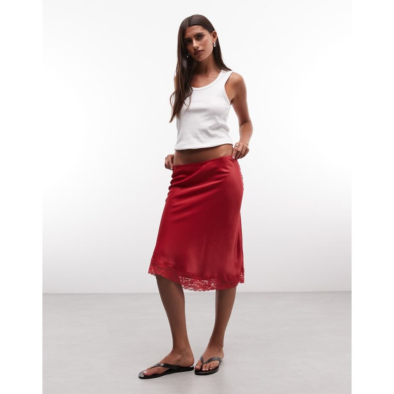 Reclaimed vintage satin awkward length skirt with lace trim in