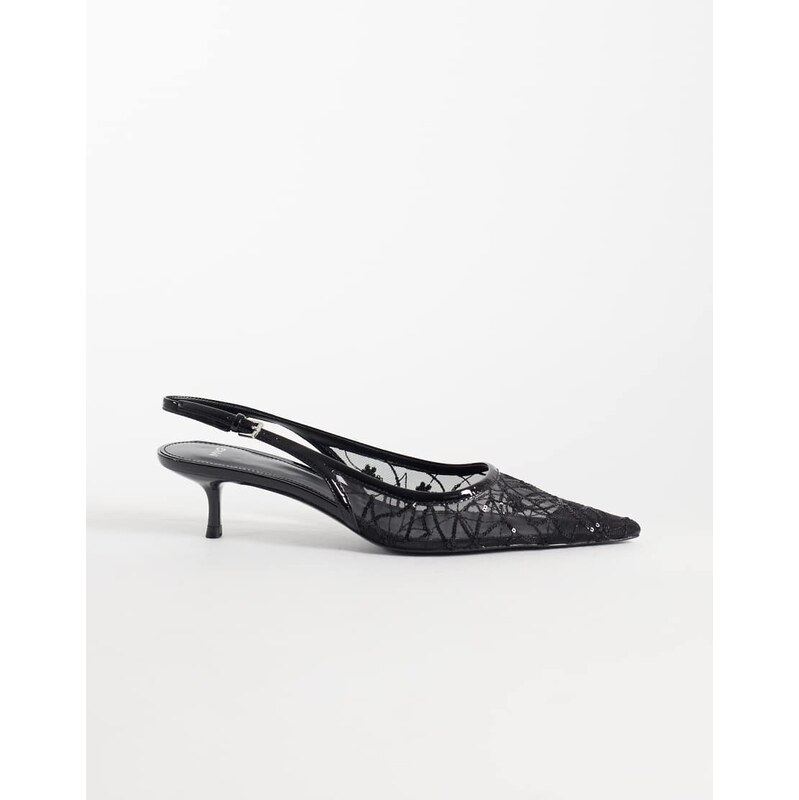 Mango lace detail heeled slingback in black