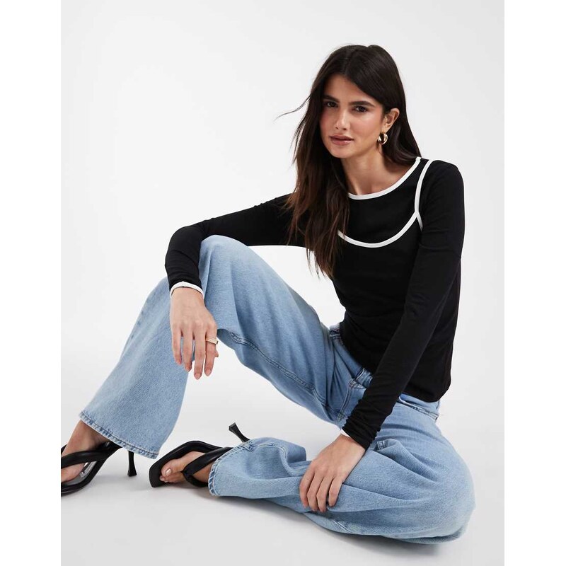 Noisy May double layer long sleeve top with contrast in black