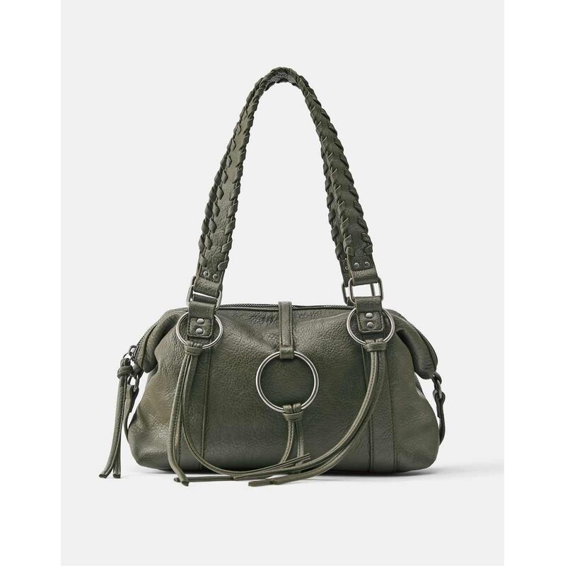 Pull&Bear Ring detail shoulder bag in khaki-Multi