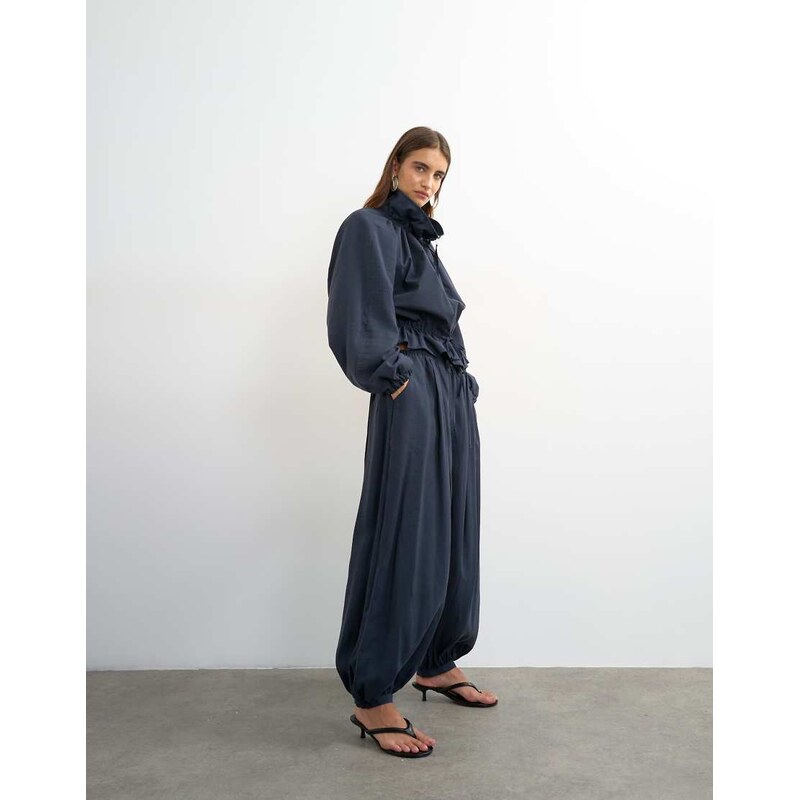 Topshop co ord balloon trouser with tie waist in navy