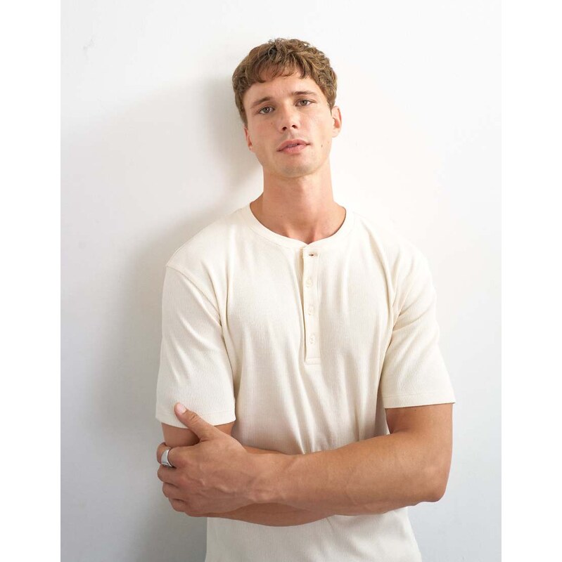 Topman classic fit ribbed henley t-shirt in ecru-White