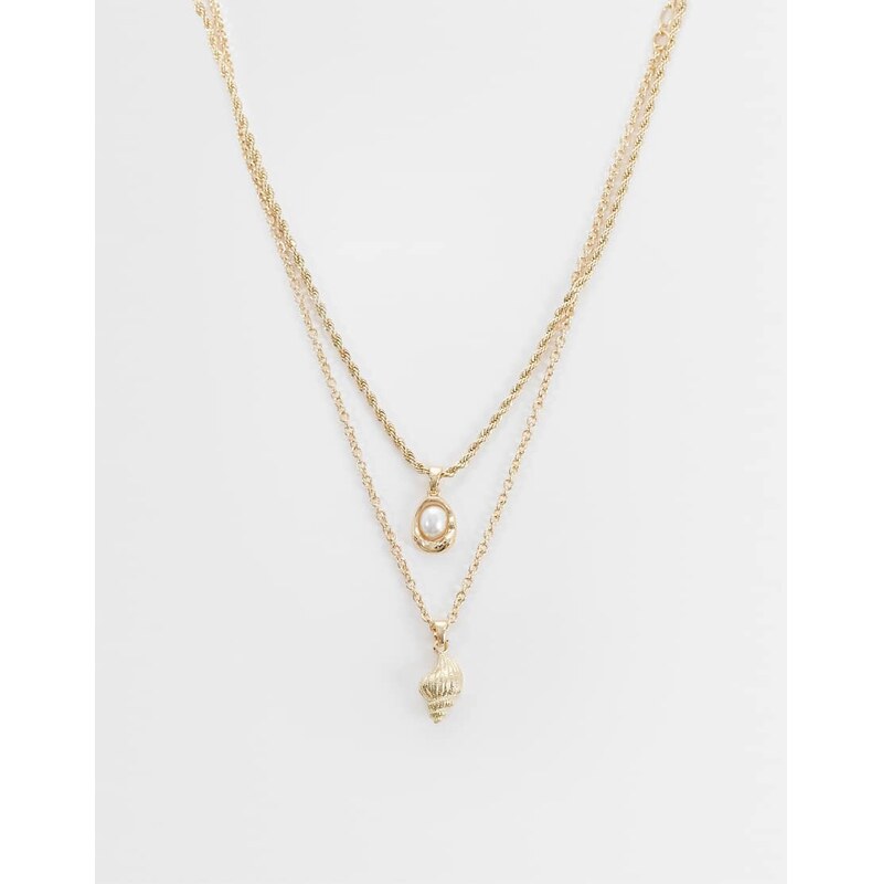 ASOS DESIGN 2 pack faux pearl and conch shell pendant necklacein
