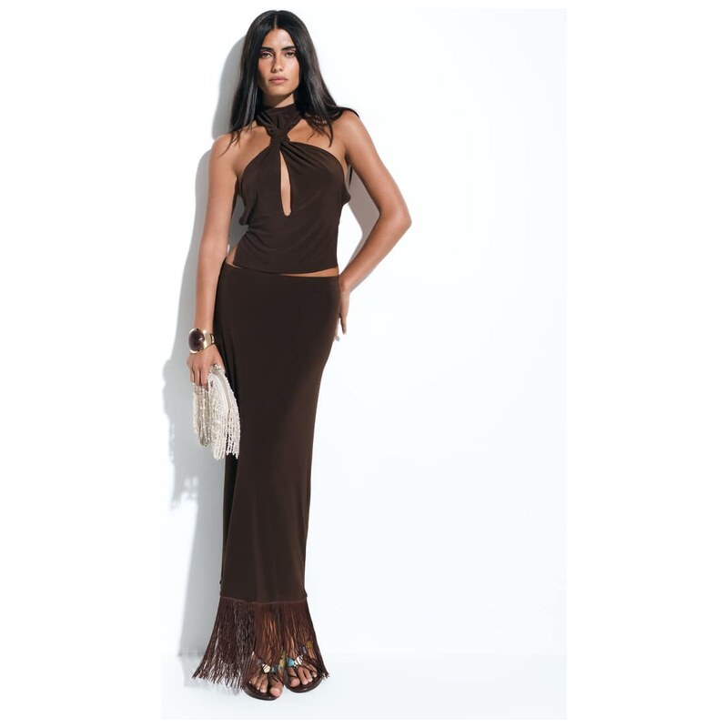 ASOS DESIGN co-ord fringed maxi skirt in brown