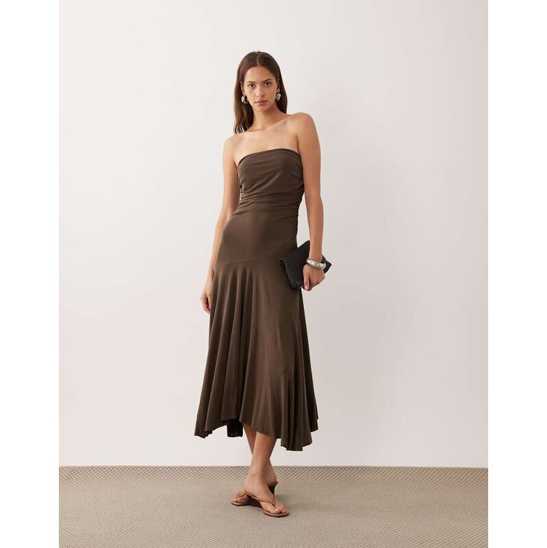 Mango off shoulder flowy midi dress in brown