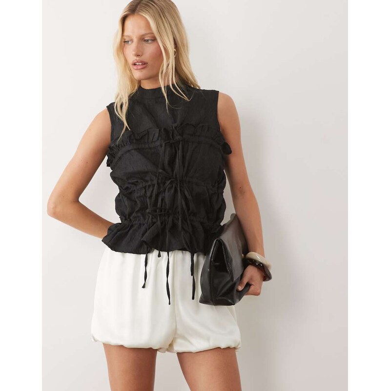 Ghospell Amina high neck sleeveless drawstring top in black
